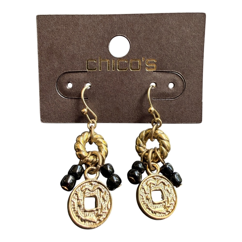 Vintage Chico's Coin Charm Black Bead Dangle Earrings Gold Tone NOS Y2K